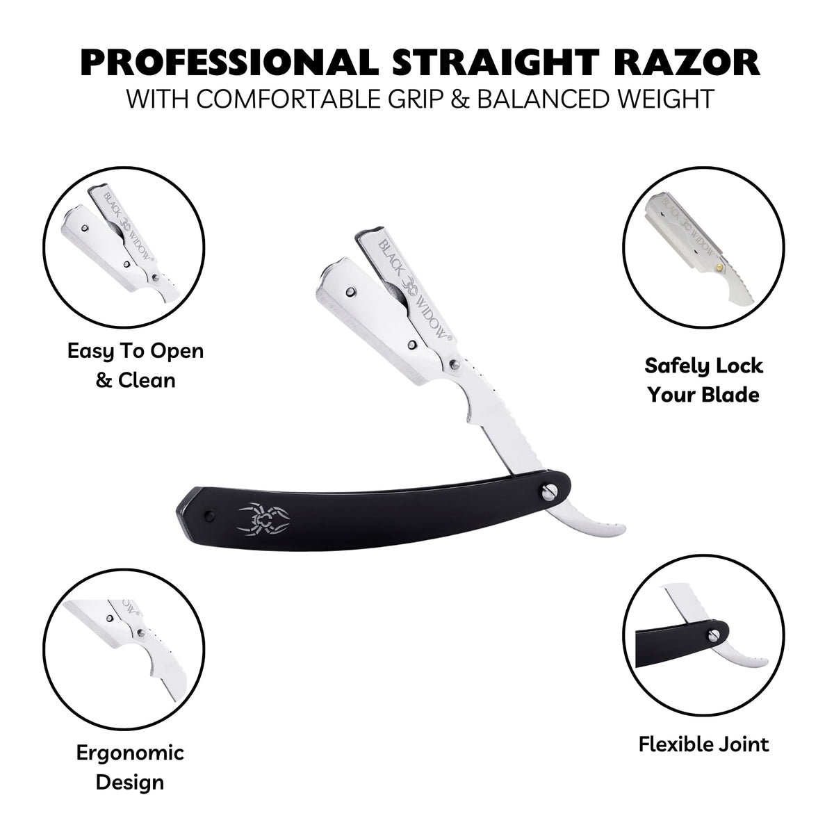 Black Widow swing-lock blade holder keeps blades aligned for safer shaving