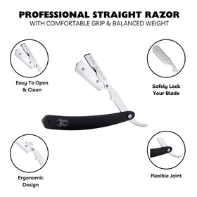 Black Widow swing-lock blade holder keeps blades aligned for safer shaving