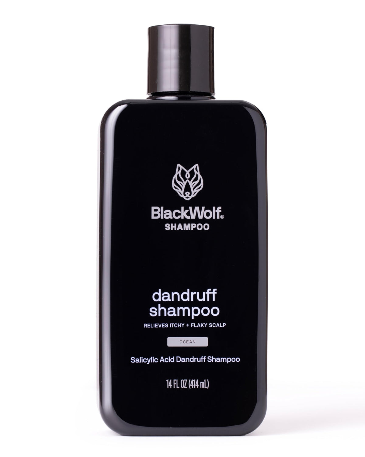 Black Wolf anti-dandruff shampoo pour bottle for a clean, refreshed scalp.