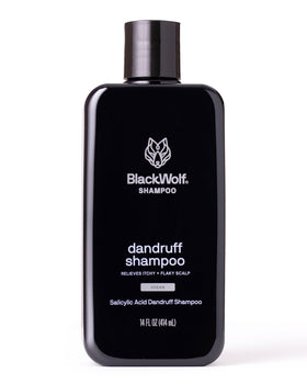 Black Wolf anti-dandruff shampoo pour bottle for a clean, refreshed scalp.