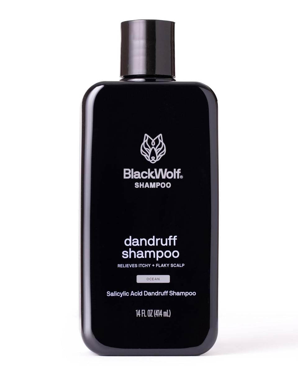 Black Wolf anti-dandruff shampoo pour bottle for a clean, refreshed scalp.