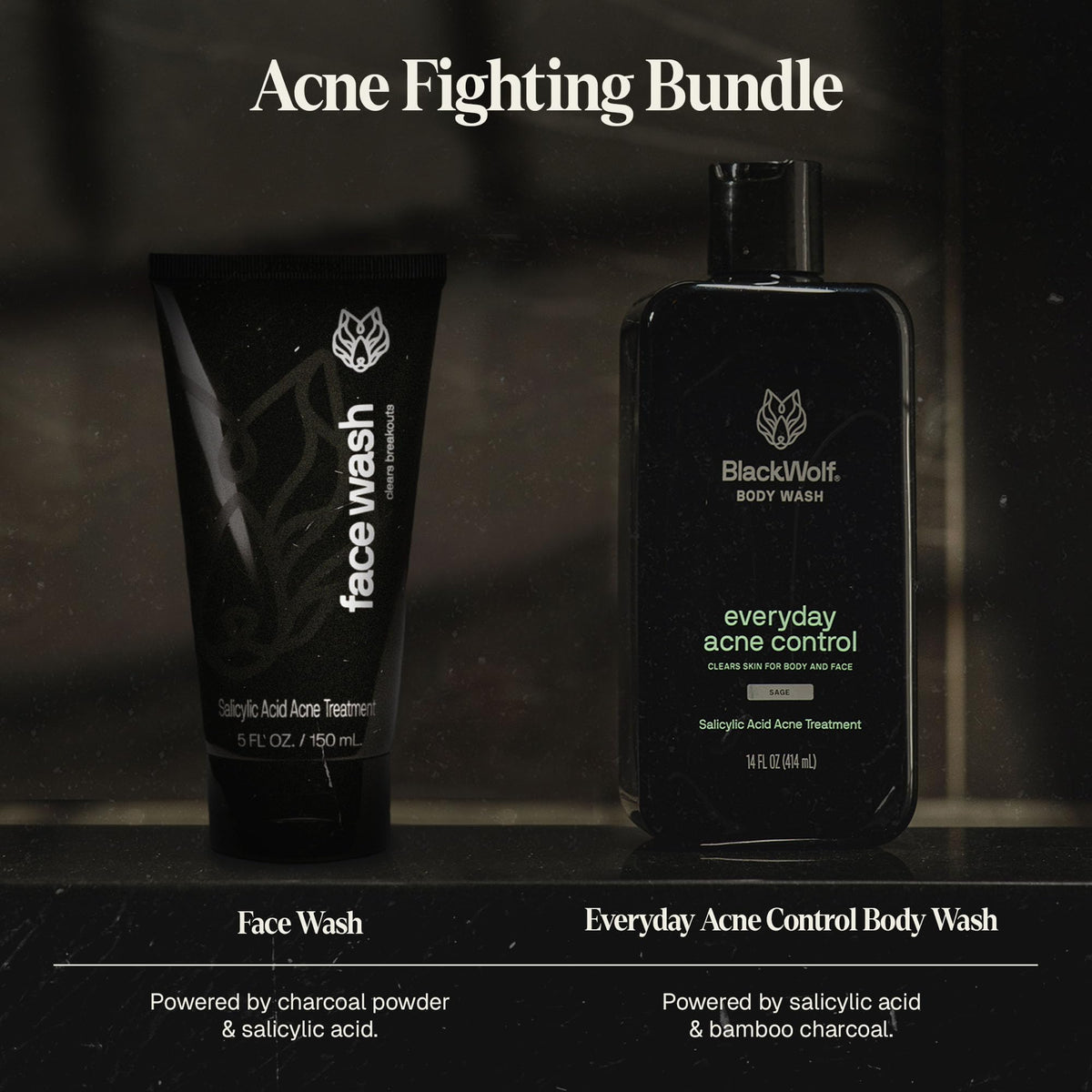 Black Wolf Charcoal Body Wash bottle emphasizes purifying cleanse for active days