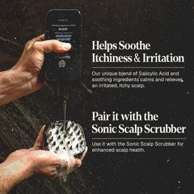 Black Wolf bottle highlights green tea and vitamin E for scalp nourishment.