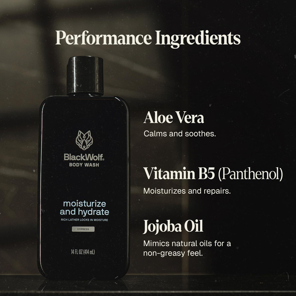 Black Wolf hyaluronic-acid-aloe-vera-jojoba ingredients close-up for skin nourishment.