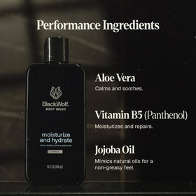 Black Wolf hyaluronic-acid-aloe-vera-jojoba ingredients close-up for skin nourishment.