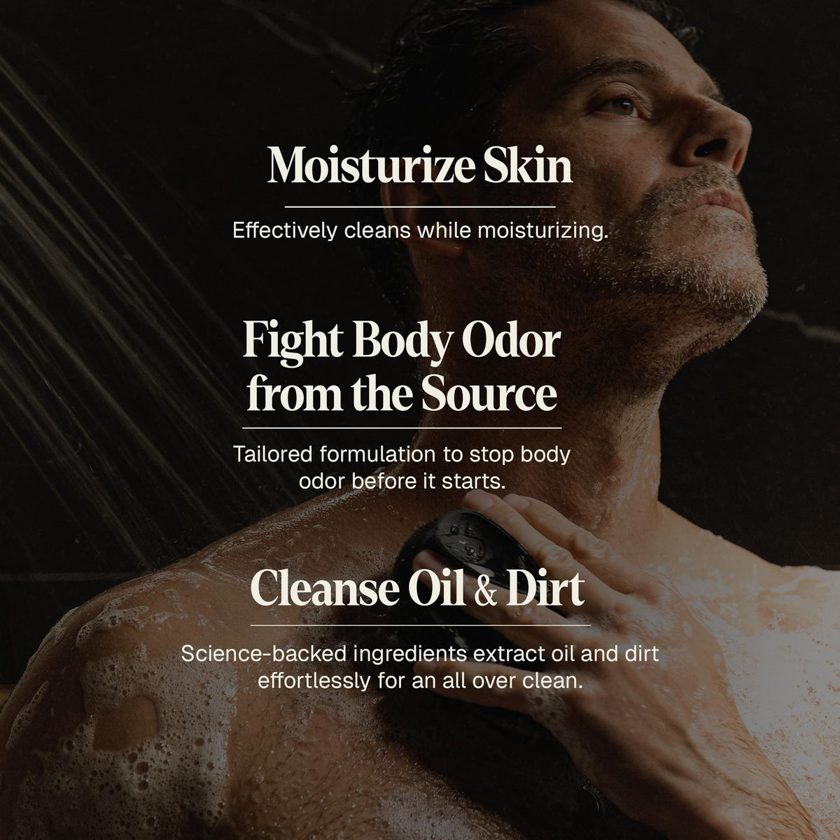 Black Wolf man shower scene highlighting refreshing, non-greasy hydration.