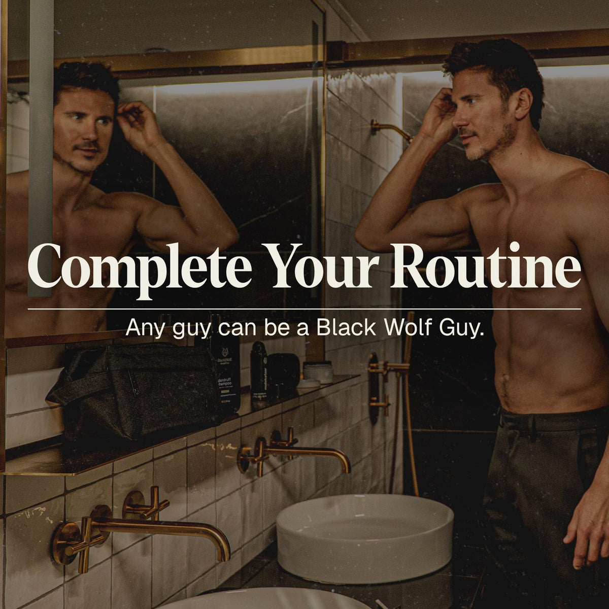 Man applying Black Wolf face wash during morning routine for refreshed skin.