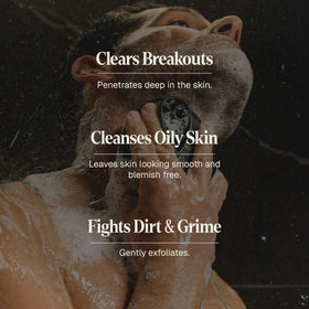 Close-up of Black Wolf face wash showing salicylic action on pores.