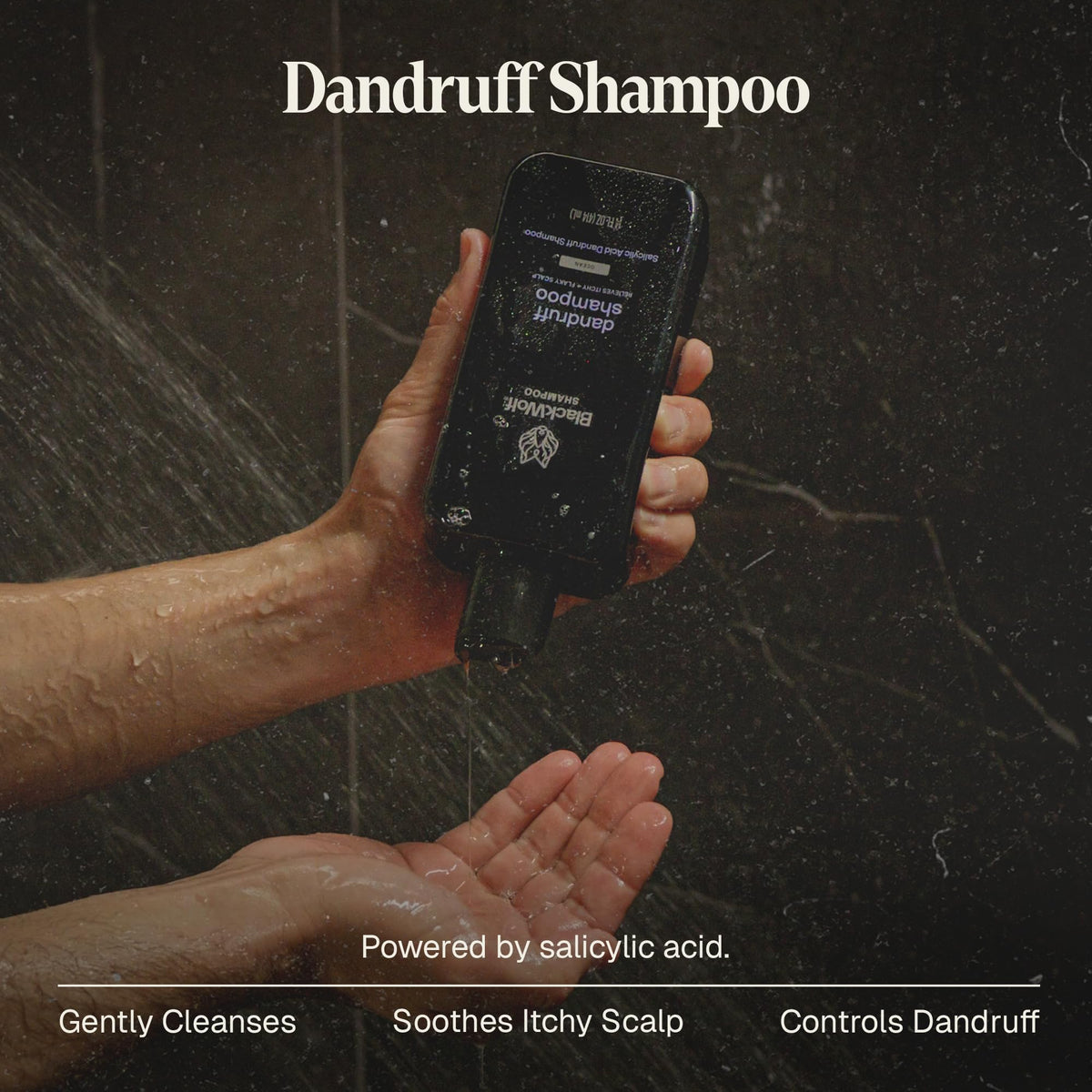 Black Wolf shampoo bottle with salicylic acid exfoliation targets flakes.