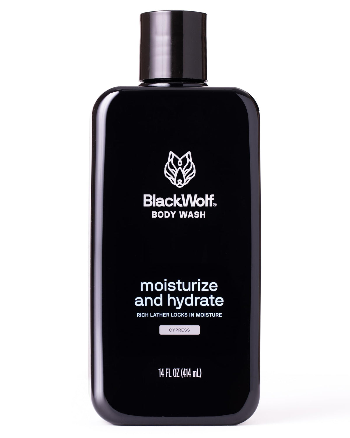 Black Wolf Sandalwood Body Wash bottle delivering lasting hydration for dry skin.