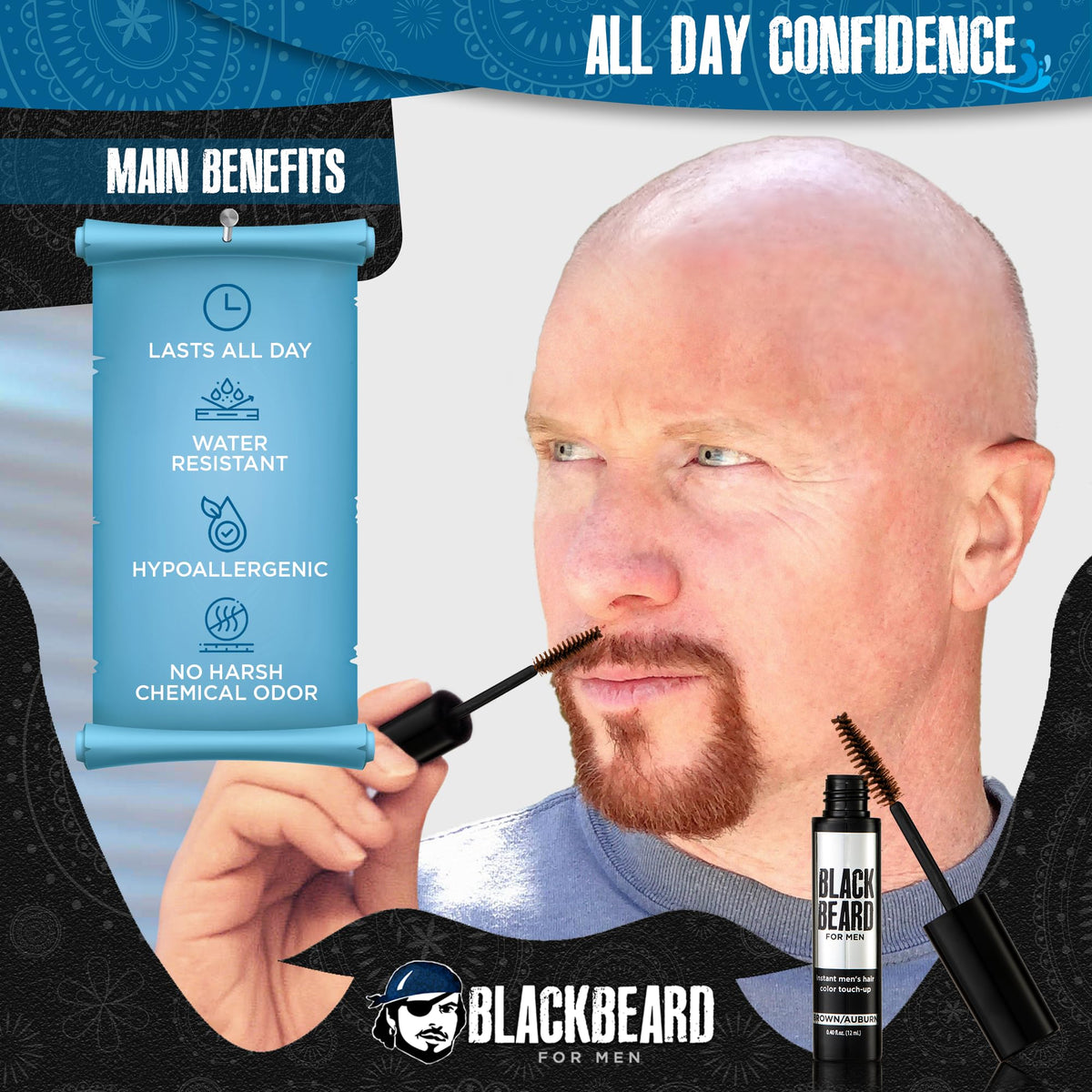 Blackbeard for Men waterproof formula provides all-day color retention on facial hair