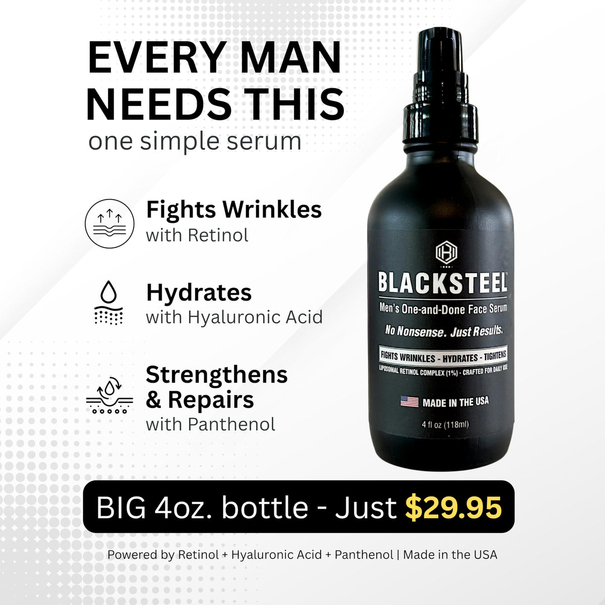BLACKSTEEL glass container emphasizes premium, performance-focused skincare for men.
