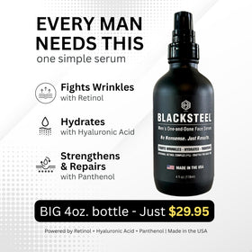 BLACKSTEEL glass container emphasizes premium, performance-focused skincare for men.