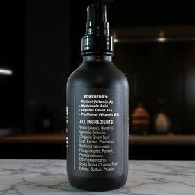 BLACKSTEEL packaging matte black glass evokes premium, one-step skincare for men.