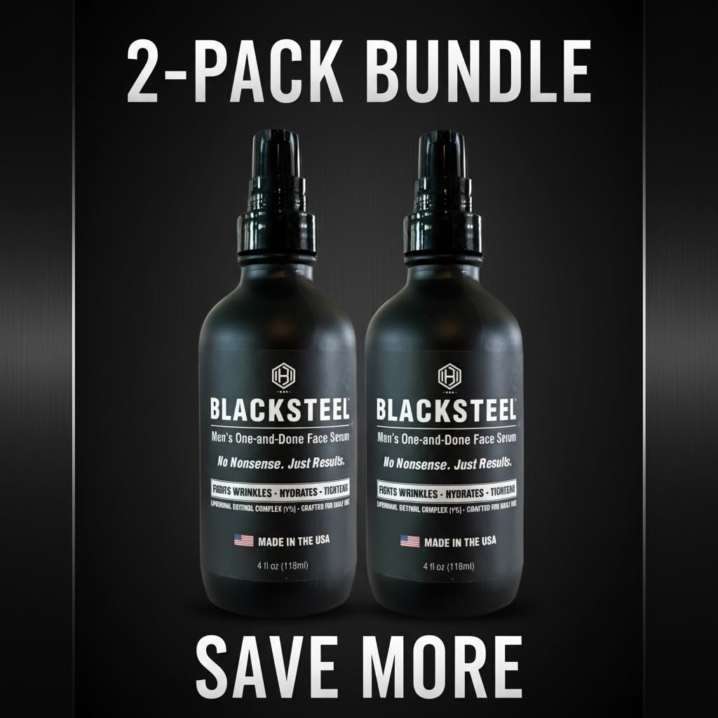 BLACKSTEEL serum bottle close-up highlights retinol and hyaluronic acid for smoother skin.