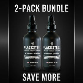 BLACKSTEEL serum bottle close-up highlights retinol and hyaluronic acid for smoother skin.