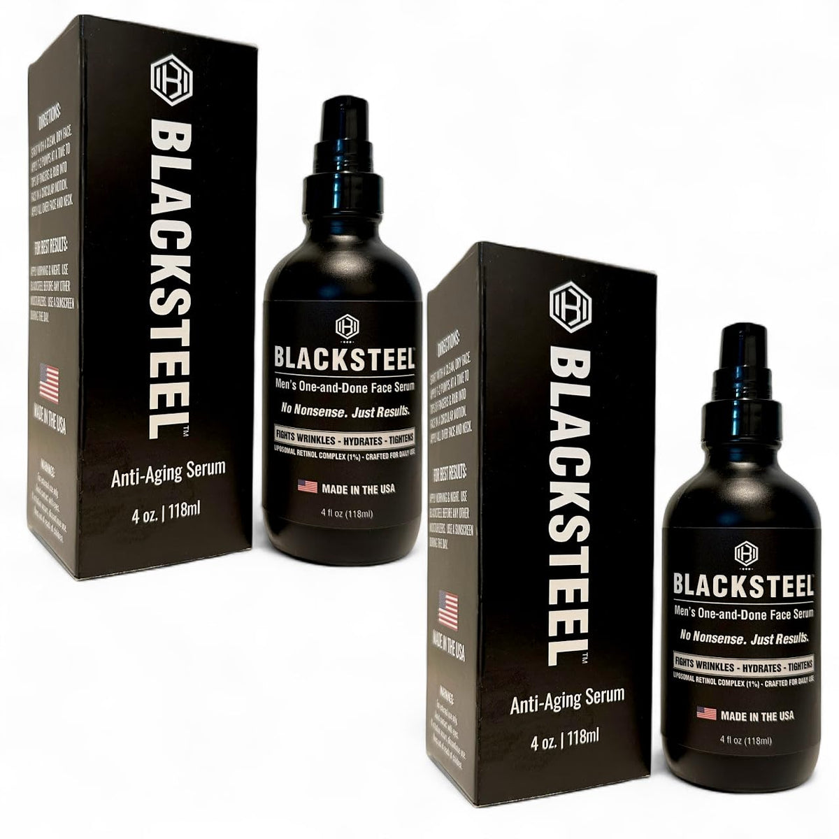 BLACKSTEEL serum bottle pours, delivering fast-absorption for daily anti-aging care.