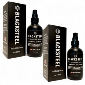 BLACKSTEEL serum bottle pours, delivering fast-absorption for daily anti-aging care.