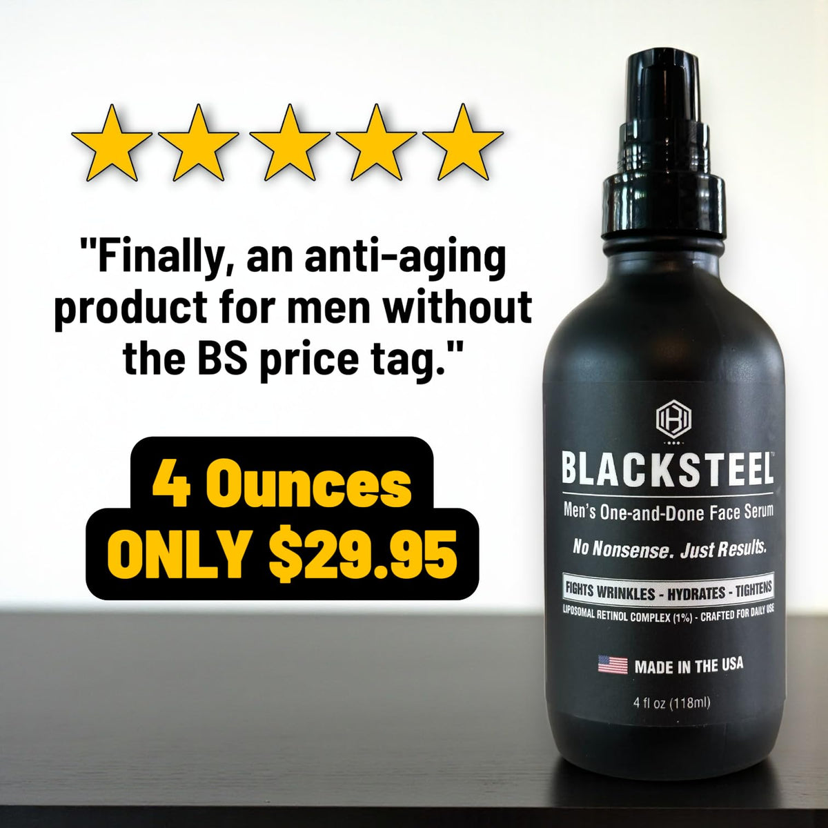 BLACKSTEEL two-pack display shows value for ongoing hydration and anti-aging routine.