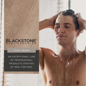 Blackstone 3-in-1 wash demonstrates hair, face and body care in one step.
