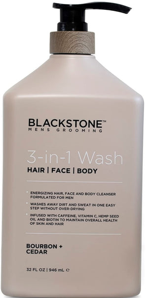Blackstone 3-in-1 wash bottle with Bourbon and Cedar for daily all-in-one cleansing.
