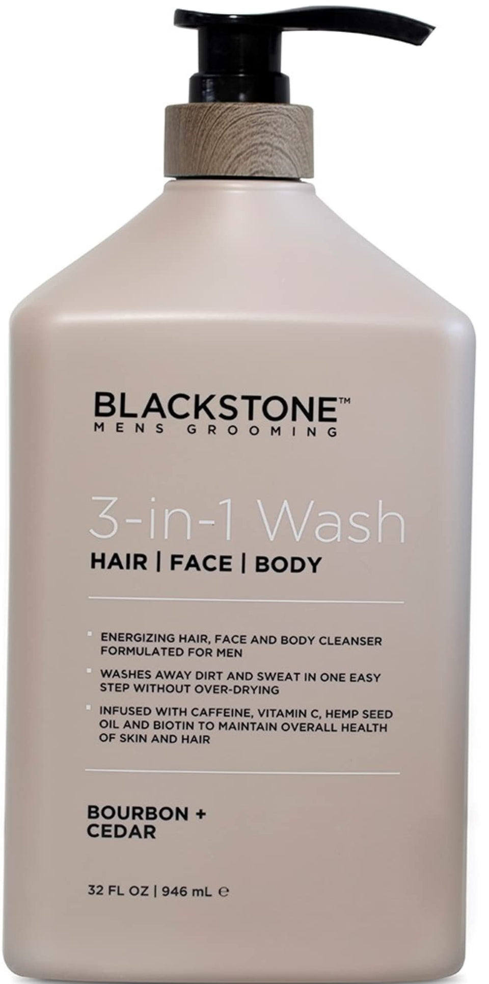 Blackstone 3-in-1 wash bottle with Bourbon and Cedar for daily all-in-one cleansing.