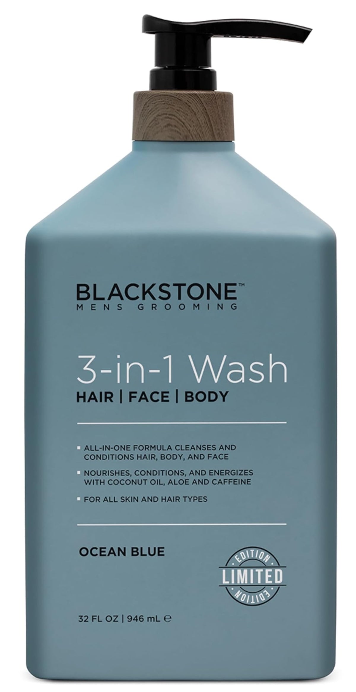 Blackstone 3-in-1 Ocean Blue bottle for daily grooming.