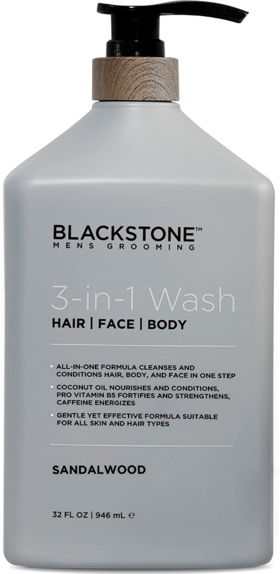 Blackstone 3-in-1 Wash sandalwood bottle front view for versatile grooming