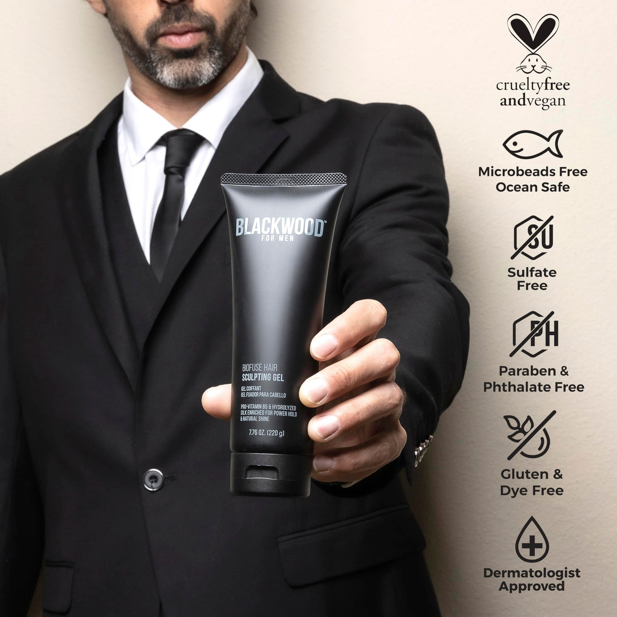 Blackwood For Men BioFuse Hair Gel application on styled hair demonstrates versatile hold for all hair types