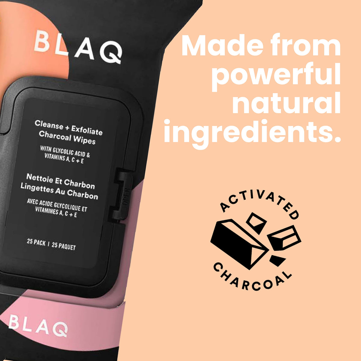 BLAQ activated charcoal face wipes provide deep cleansing with textured side.