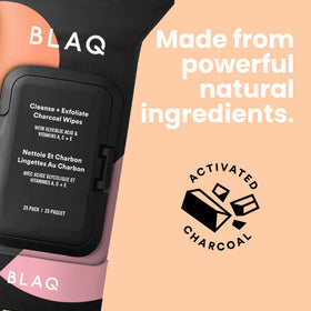 BLAQ activated charcoal face wipes provide deep cleansing with textured side.