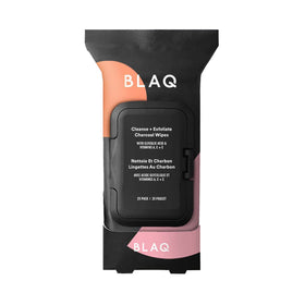 BLAQ activated charcoal face wipes dual-sided for cleansing and exfoliation.