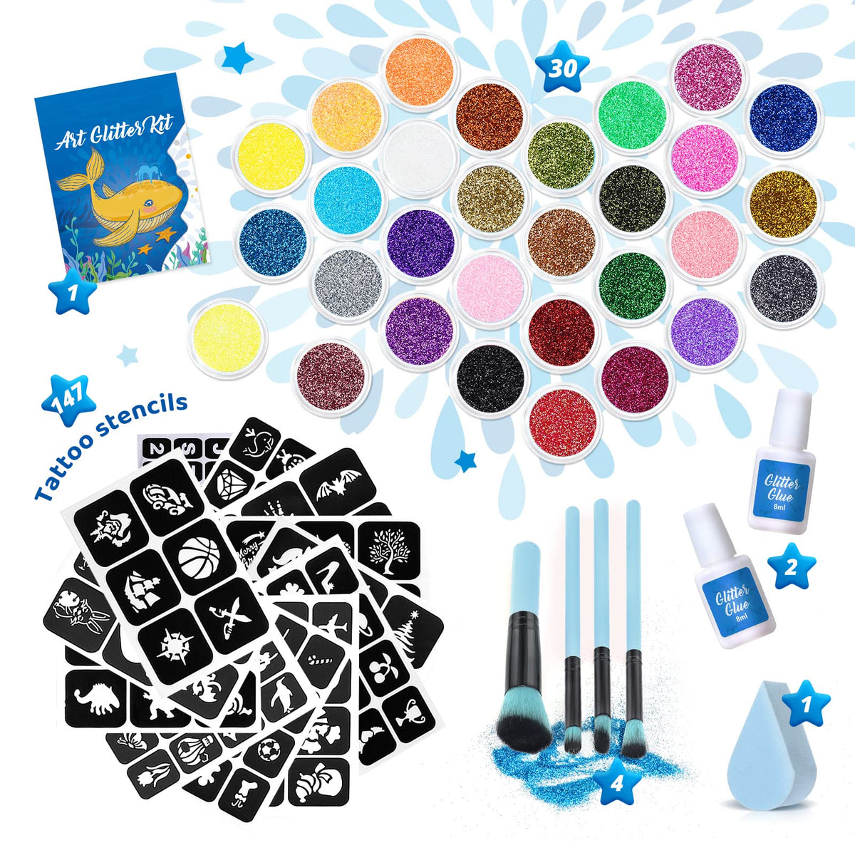 Bledras 30 colors color swatches show glitter options for playful designs.
