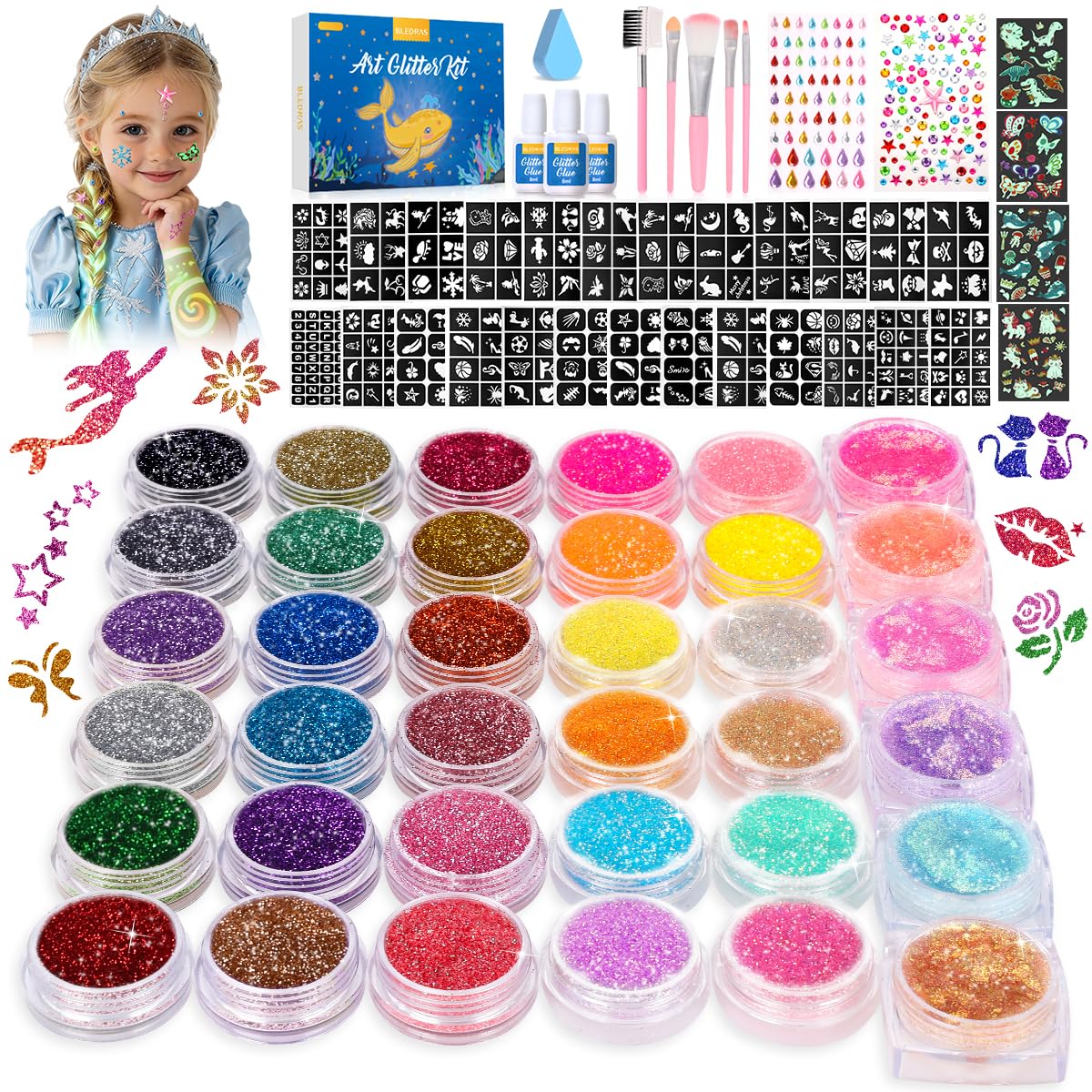 Bledras glitter tattoo kit front cover shows vibrant colors for kids' parties
