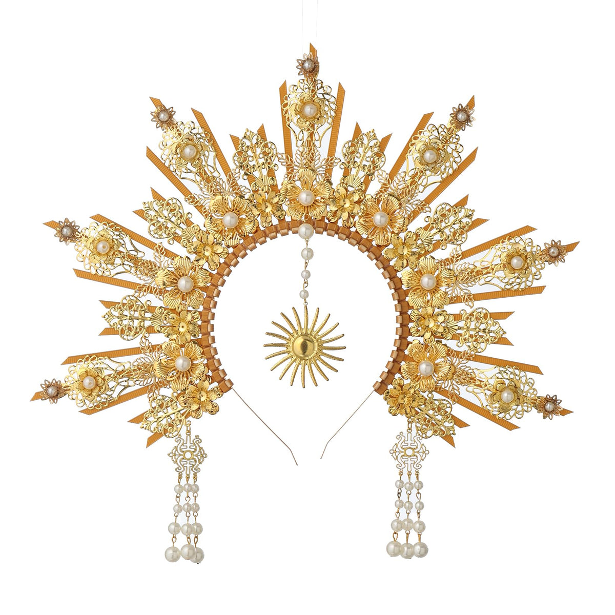 Blessume Goddess Gold Spike Halo Crown for bridal glam and photos