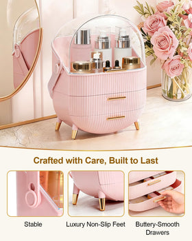 Bleutty makeup organizer with carry handle for easy transport.