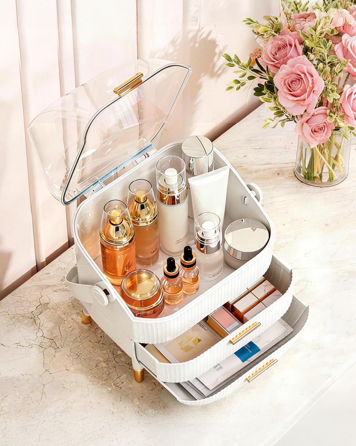 Bleutty organizer with two drawers stores cosmetics neatly for quick access.