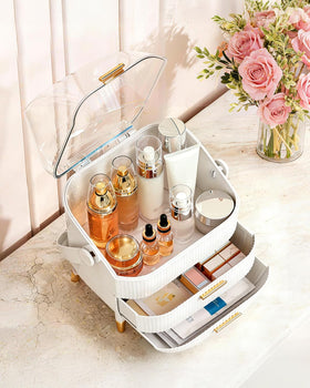 Bleutty organizer with two drawers stores cosmetics neatly for quick access.