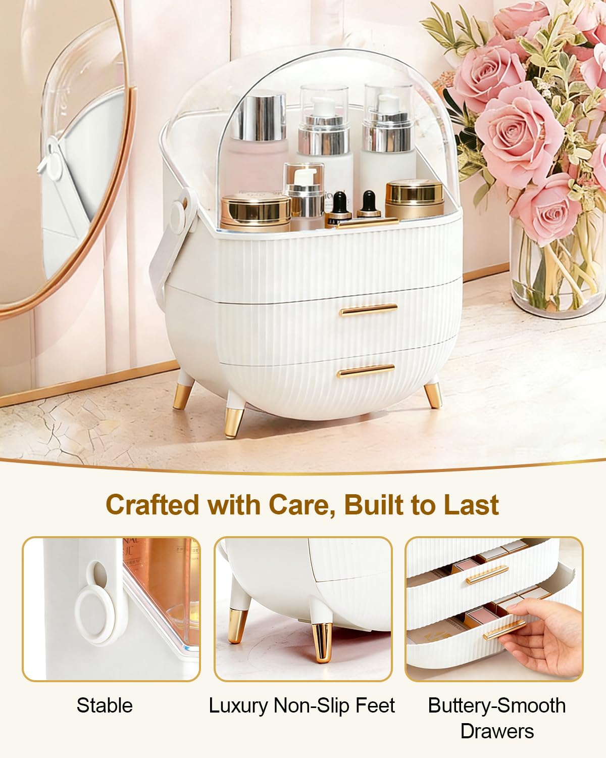 Bleutty organizer protects countertops from dust and clutter.