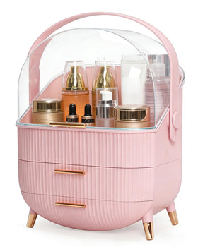 Bleutty makeup organizer top compartment for tall bottles keeps vanity organized.
