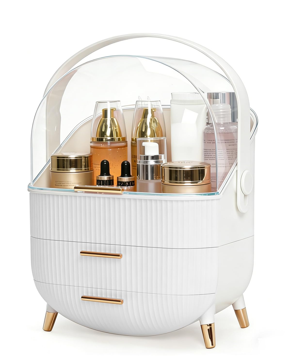 Bleutty makeup organizer top compartment for tall bottles keeps skincare within reach.