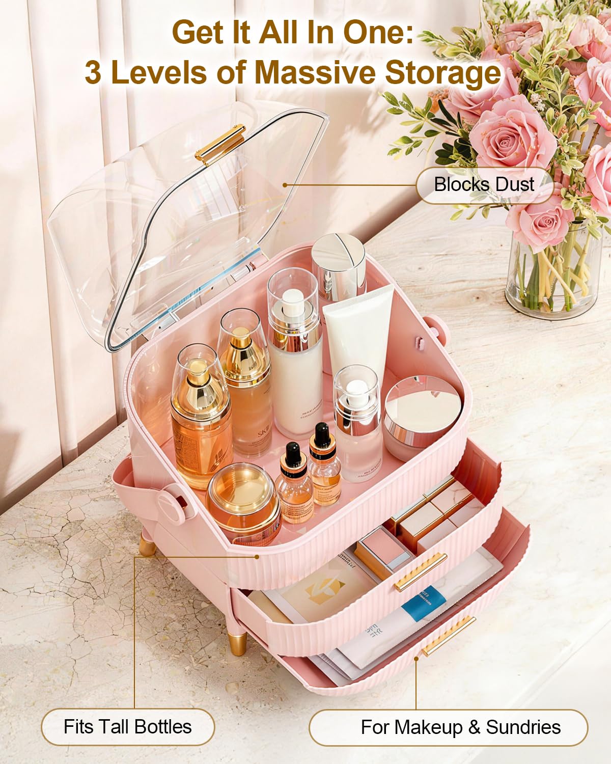 Bleutty organizer with two drawers stores cosmetics and tools neatly.
