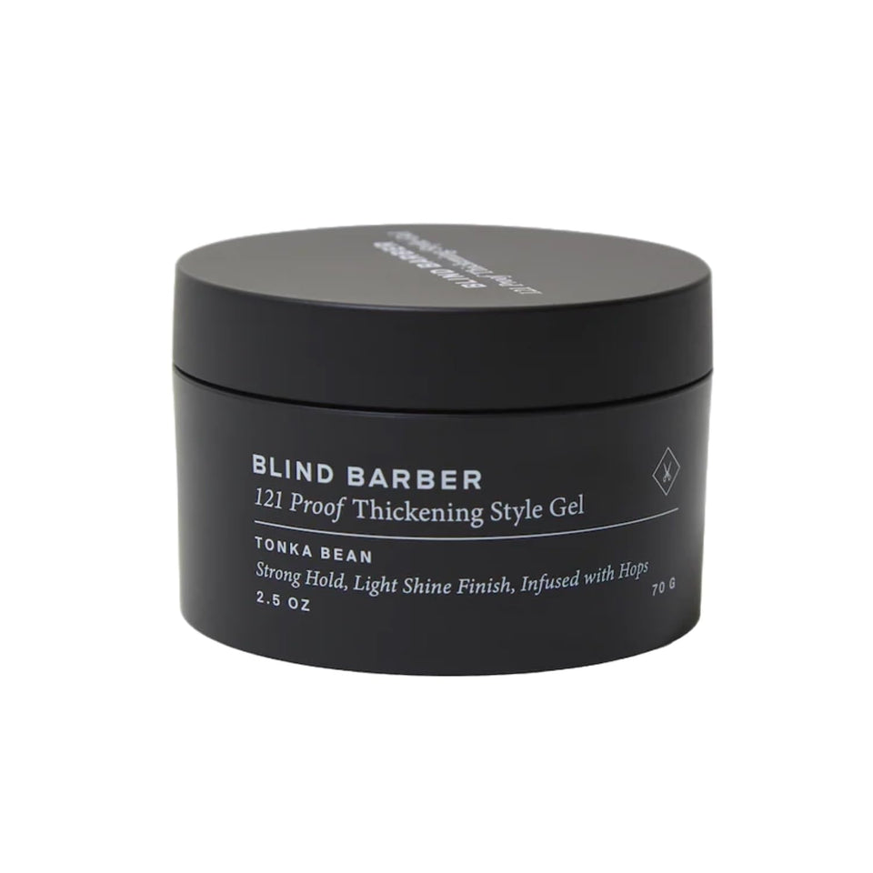 Blind Barber 121 Proof thickening gel packaging highlights an easy-to-use, sulfate-free formula.