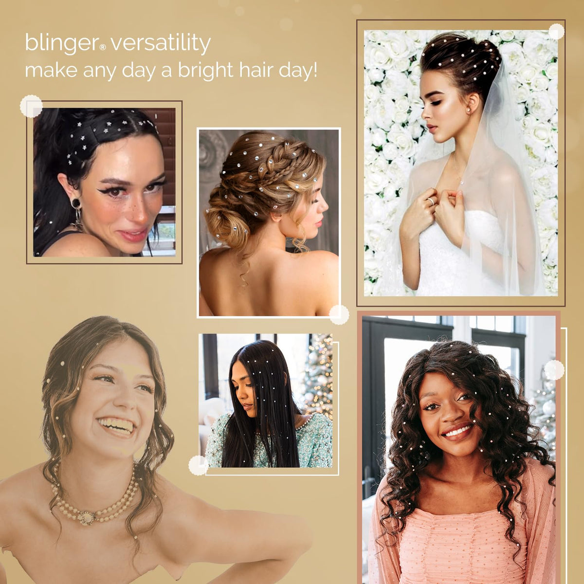 Blinger Shimmer Set party glam look showcasing sparkly hair accents.
