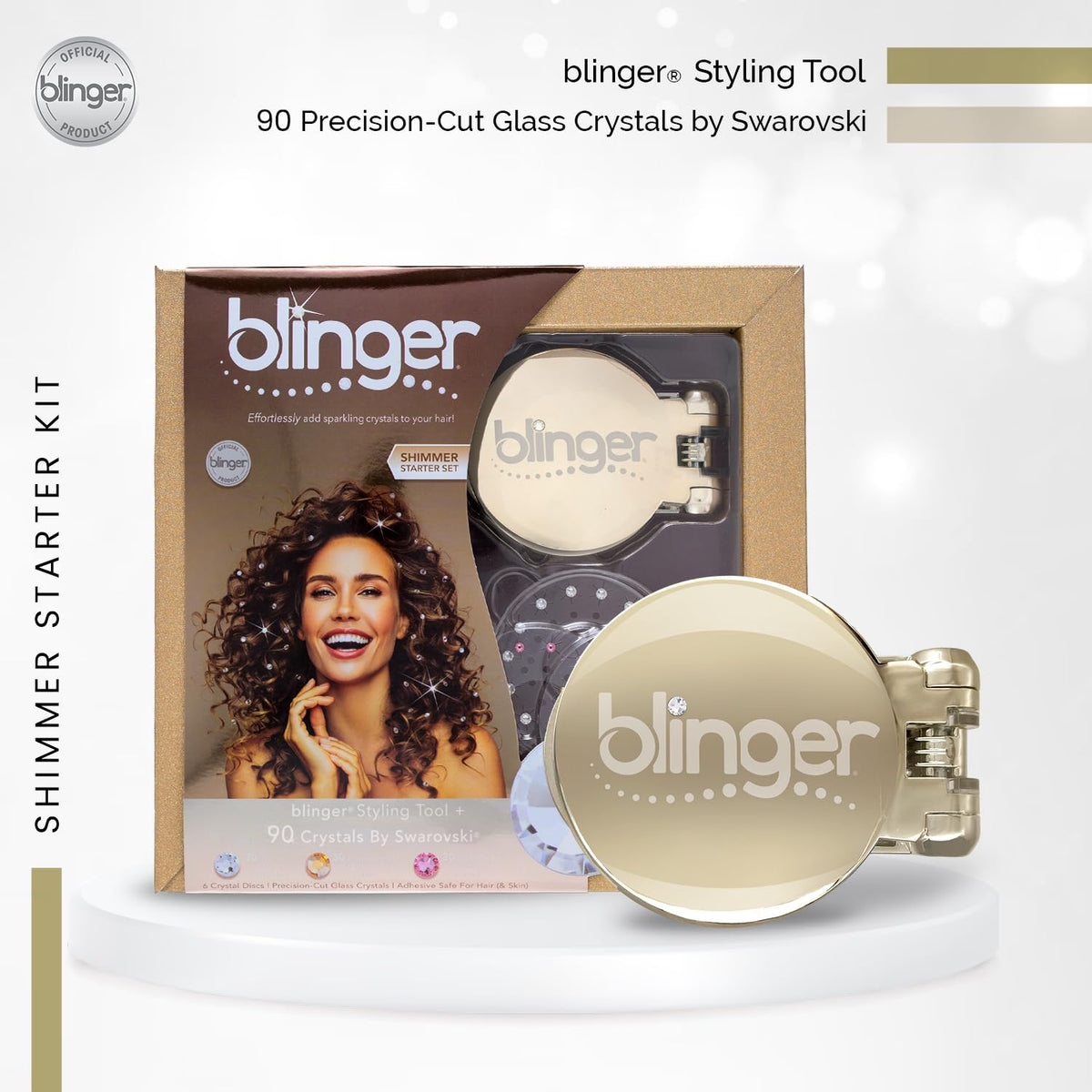 Blinger Shimmer Set model wearing crystals for a sparkly hairstyle.