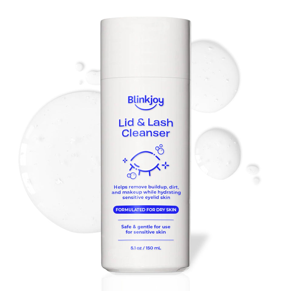 Blinkjoy lid-lash-cleanser bottle demonstrates gentle cleansing for sensitive lids and lashes.
