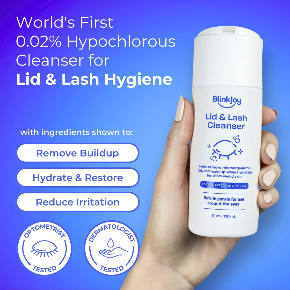 Blinkjoy packaging box highlights dermatologist-approved lid hygiene.