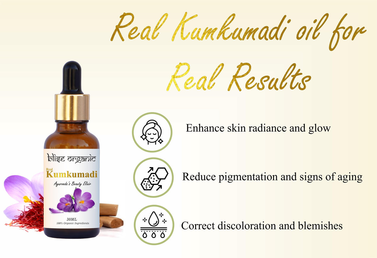 Blise organic Kumkumadi oil—traditional Ayurvedic formulation for skincare rituals.
