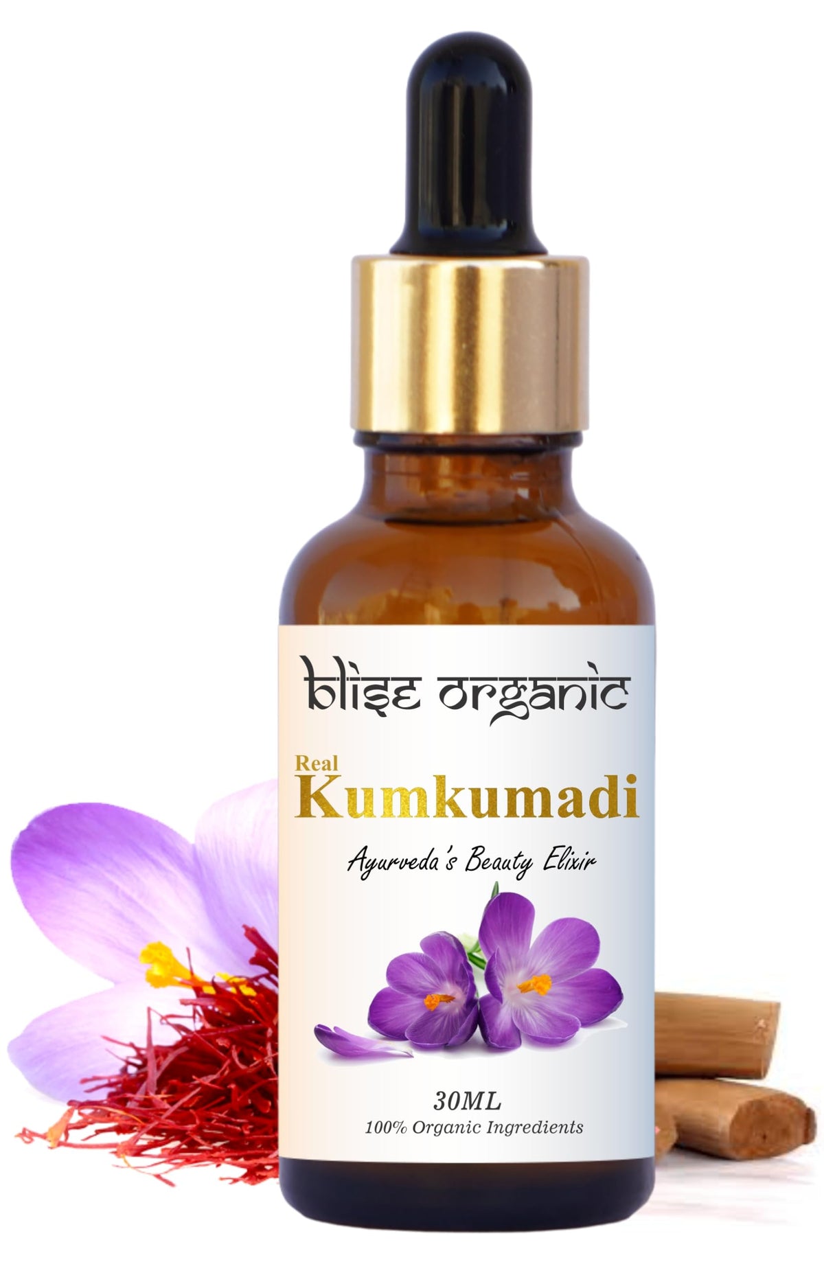Blise organic Kumkumadi oil bottle—pure, natural skincare for daily use.