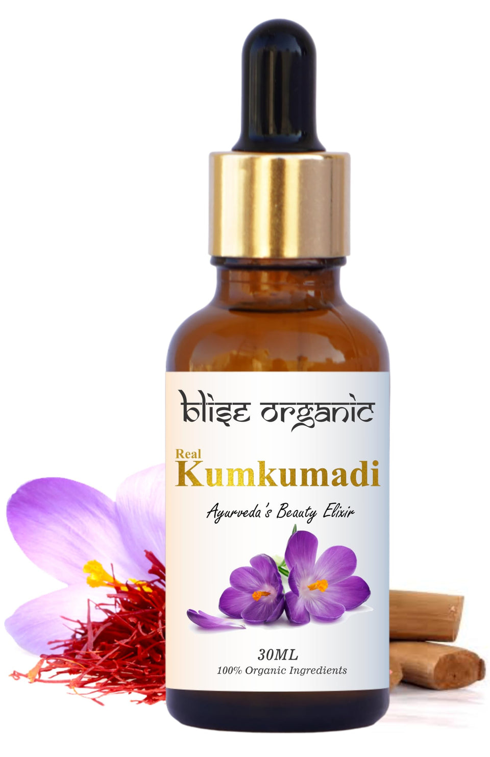 Blise organic Kumkumadi oil bottle—pure, natural skincare for daily use.